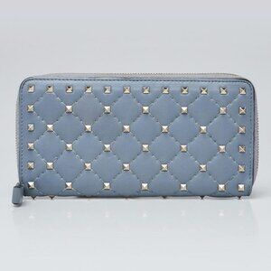 Valentino Blue Quilted Leather All Over Rockstud Zippy Wallet